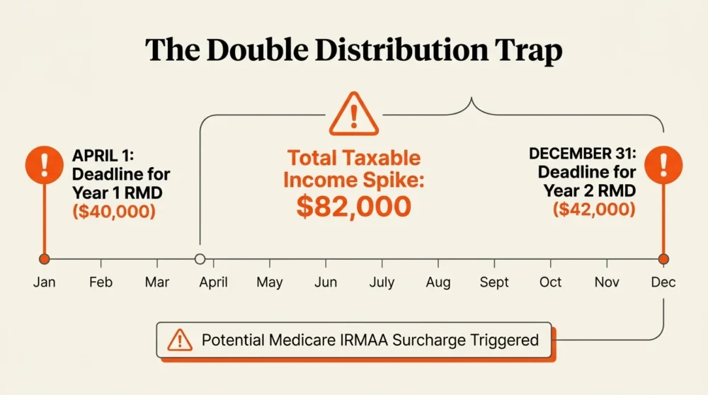A timeline showing two required distributions occurring in the same year, totaling $82,000 in taxable income.