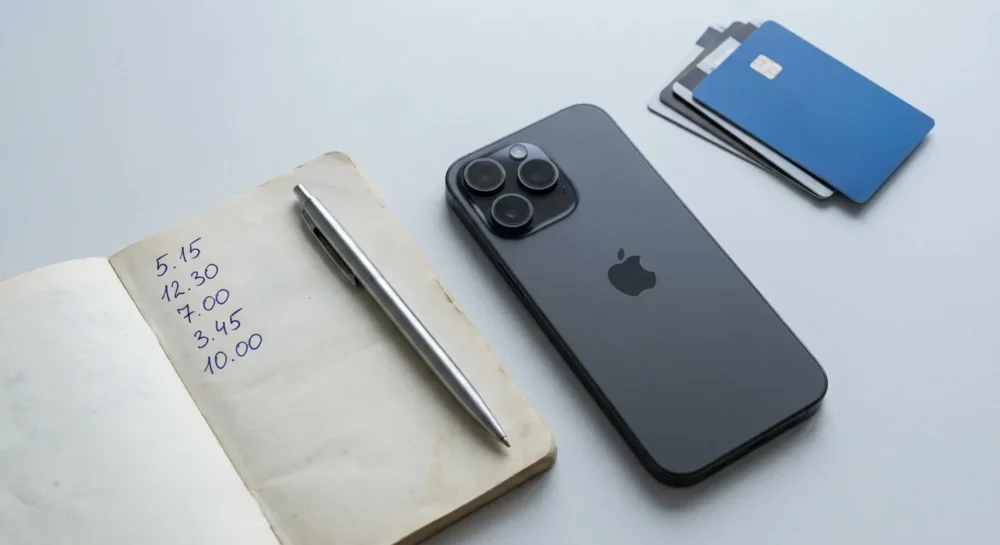 A top-down photo of a notebook with budget numbers, a smartphone, and credit cards neatly arranged.