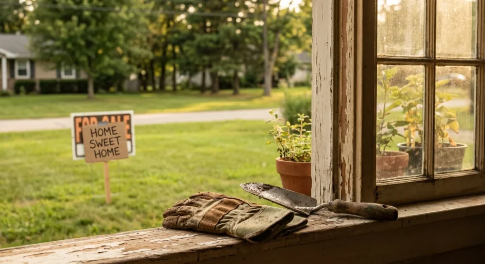 A view through a window of a peaceful suburban yard, symbolizing the security of local property tax relief.