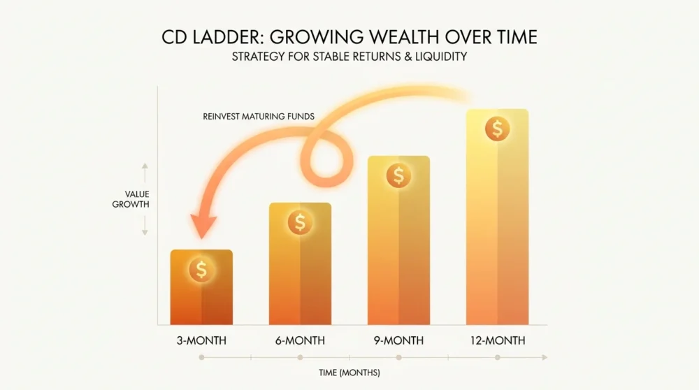 A visual ladder showing CD certificates maturing at 3, 6, 9, and 12-month intervals.