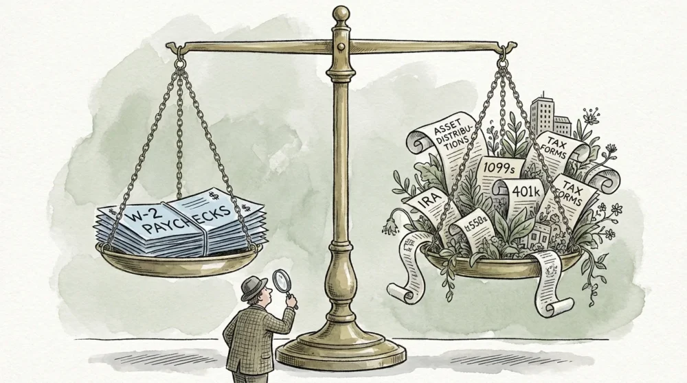A watercolor illustration of a person balancing career paychecks against complex retirement assets on a large scale.