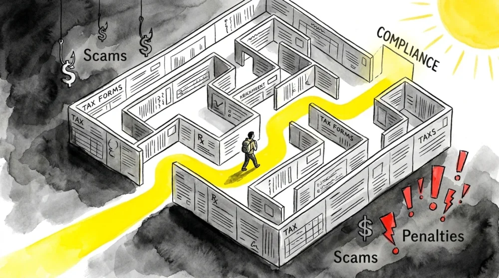 A watercolor illustration of a person navigating a maze of tax forms toward a sunlit exit.