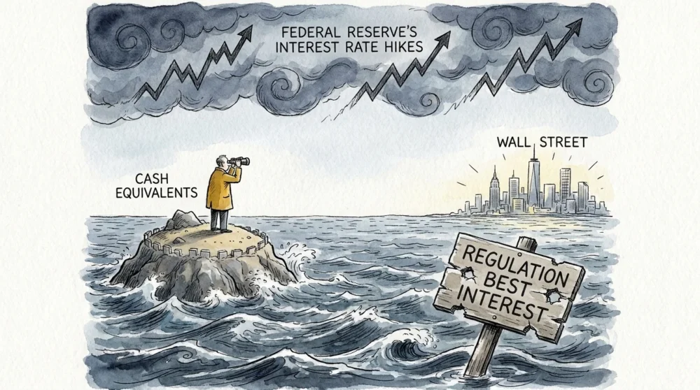A watercolor illustration of a person navigating a turbulent economic sea with a 'Regulation Best Interest' signpost in the water.