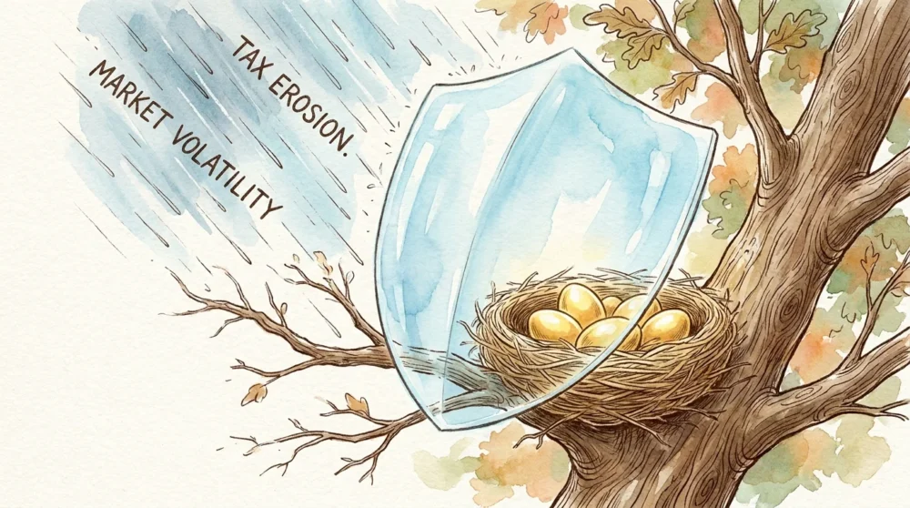 A watercolor illustration of a protective shield over a nest of golden eggs, symbolizing asset protection.