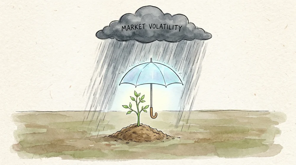 A watercolor illustration of a small plant protected by an umbrella from a storm cloud labeled Market Volatility.