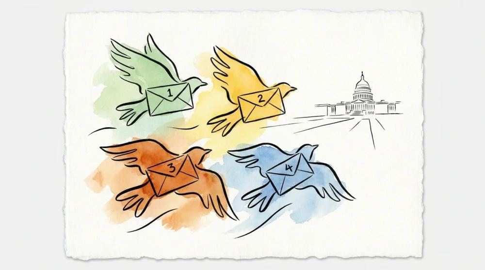 A watercolor illustration of four seasonal envelopes flying toward a building, representing quarterly tax payments.