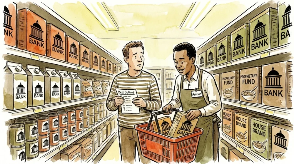 A watercolor illustration showing a grocery store aisle filled exclusively with one bank's proprietary products.
