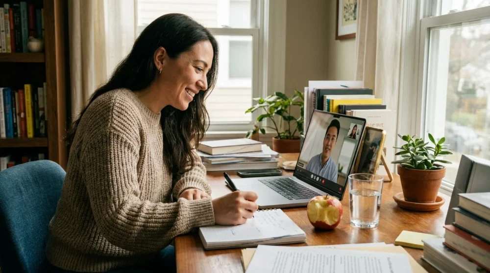 A woman in a home office having a video consultation with a financial advisor.