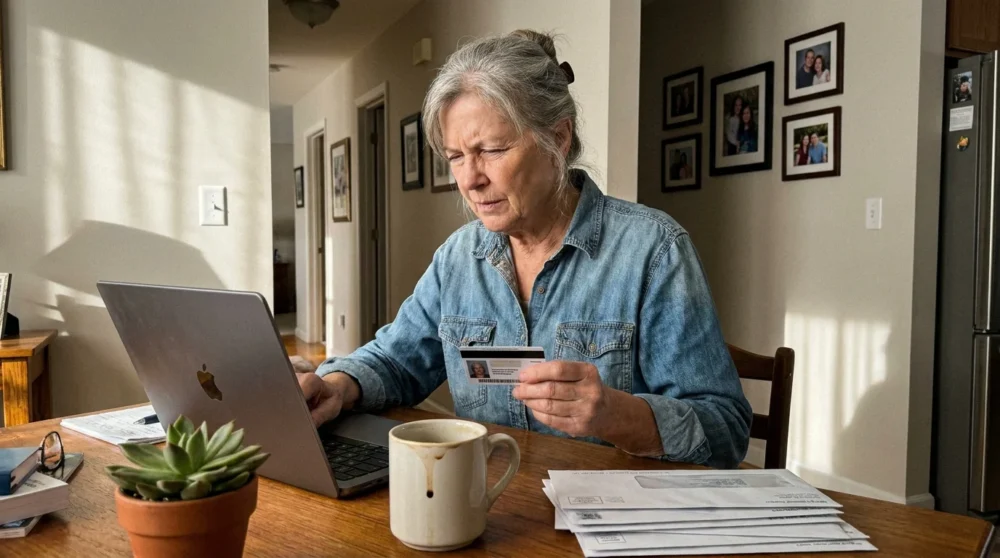 A woman in her 70s works at a laptop in her home office, holding her workplace ID badge.