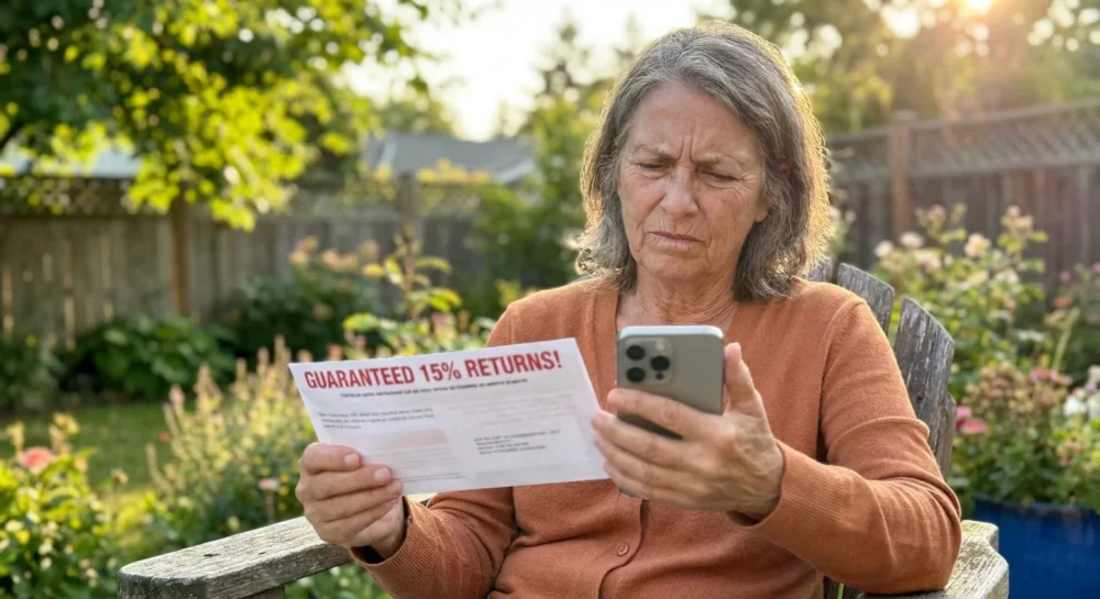 A woman looking skeptically at a financial scam mailer while checking her phone on her porch.