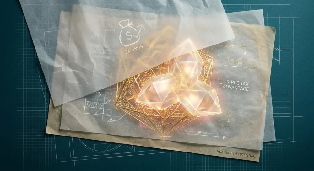 An abstract blueprint-style artwork with hidden golden layers visible through translucent vellum paper.