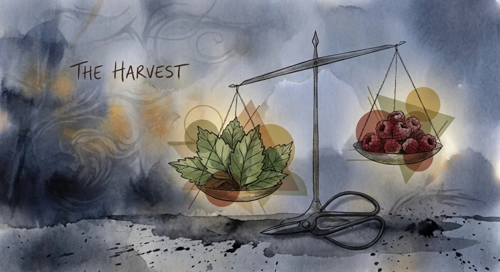 An abstract collage of green leaves and red berries being balanced on a thin scale with garden shears nearby.