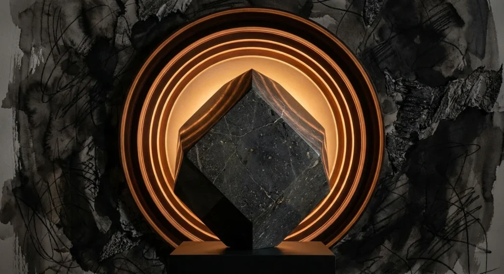 An abstract image of a solid stone block protected by glowing golden rings against a dark, textured background.