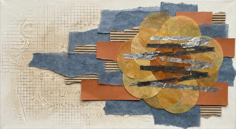 An abstract mixed-media collage featuring golden circles protected by dark, rhythmic lines and silver leaf.