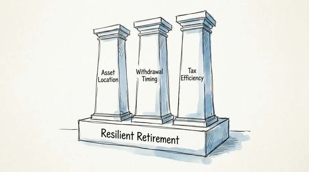 An architectural sketch of three pillars labeled Asset Location, Withdrawal Timing, and Tax Efficiency.