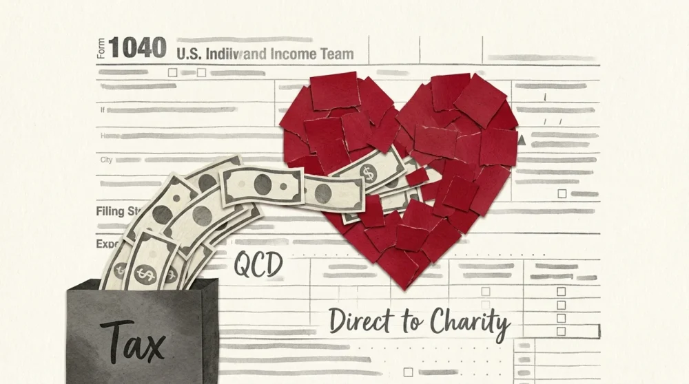 An artistic collage showing money being redirected from a tax box toward a heart-shaped charity symbol.