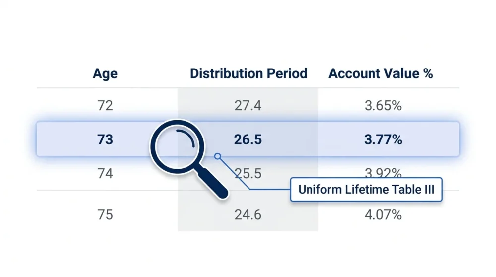 An excerpt from the IRS Uniform Lifetime Table showing the distribution periods for ages 73 and 74.