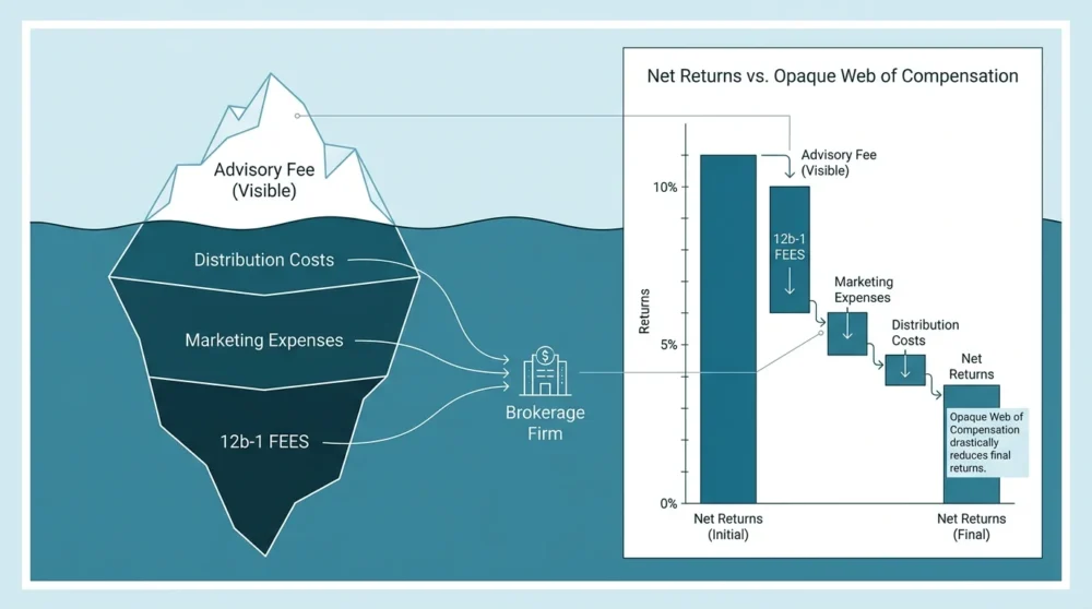 An iceberg diagram illustrating visible advisory fees above water and hidden 12b-1 fees beneath the surface.