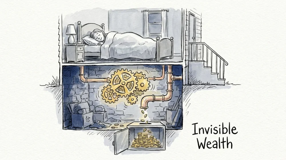 An illustration of a house cross-section showing money accumulating silently in the basement.