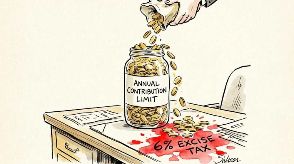 An illustration of a jar labeled annual contribution limit overflowing with coins that turn into red ink stains.