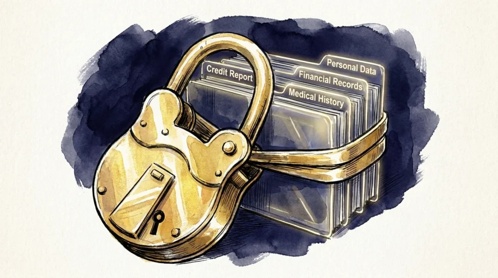 An illustration of a large gold padlock securing a stack of credit report files.