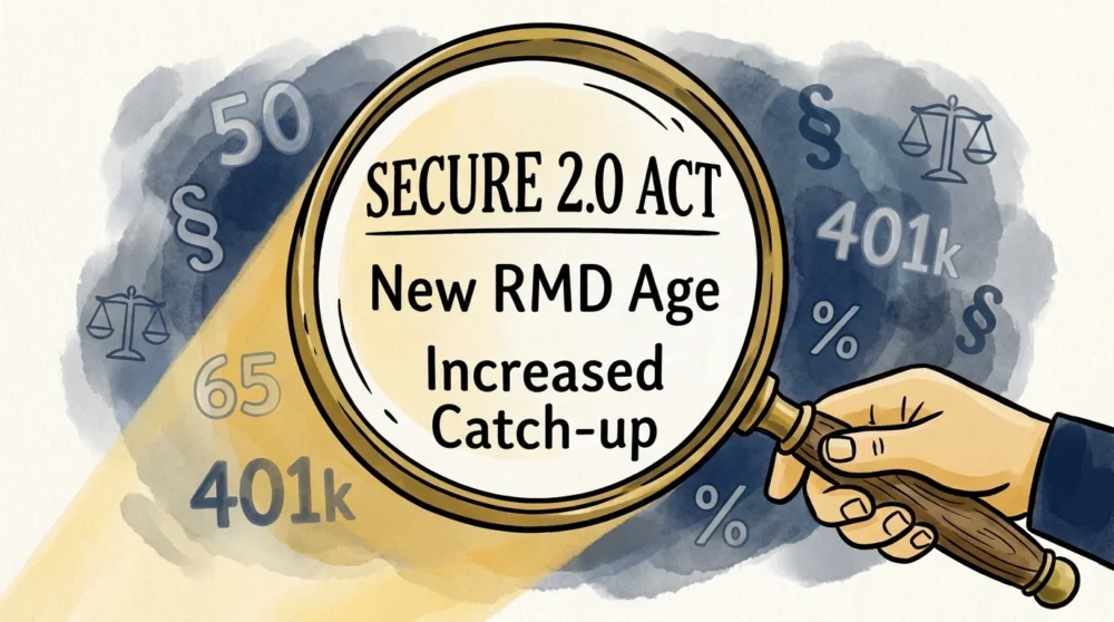 An illustration of a magnifying glass enlarging text on the SECURE 2.0 Act document.