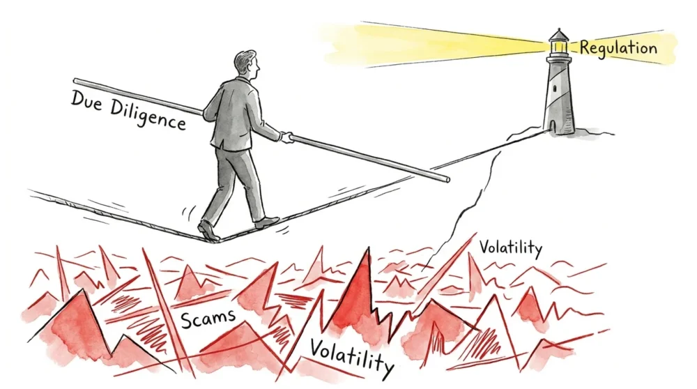 An illustration of a person balancing on a tightrope over a sea of financial risks.