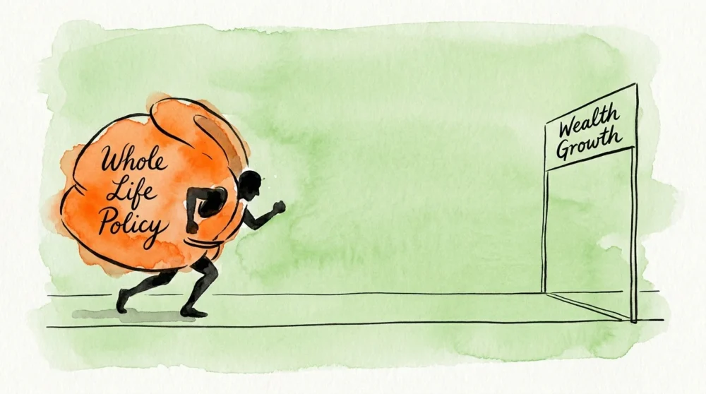 An illustration of a runner slowed down by a heavy life jacket labeled Whole Life Policy.