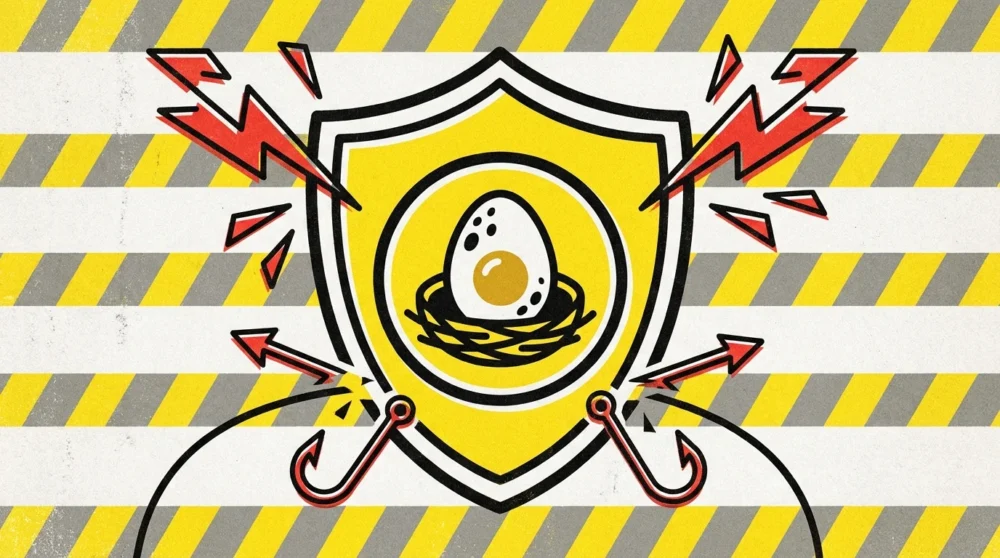 An illustration of a shield protecting a nest egg from red lightning bolts and hooks.