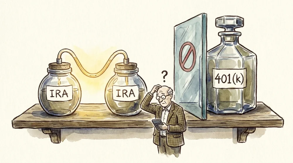 An illustration of IRA jars connected by a tube while a 401k container is separated by a glass wall.