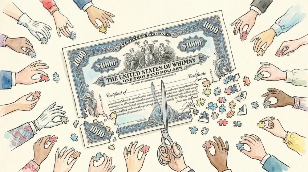 An illustration showing a large stock certificate being divided into small fractional pieces.