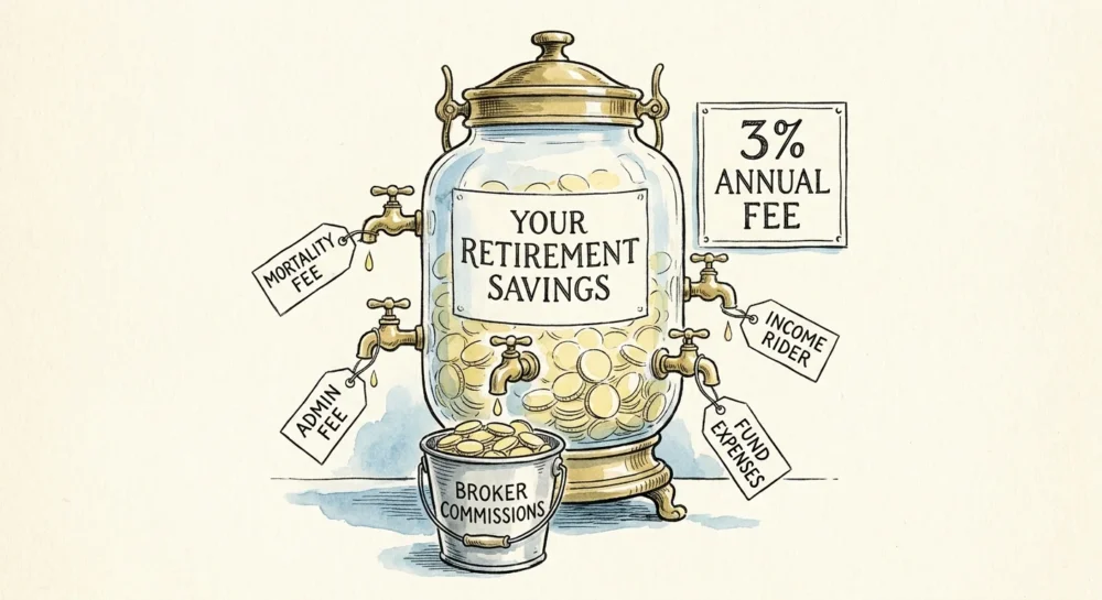 An illustration showing fees as spigots draining gold coins from a retirement jar into a commission bucket.