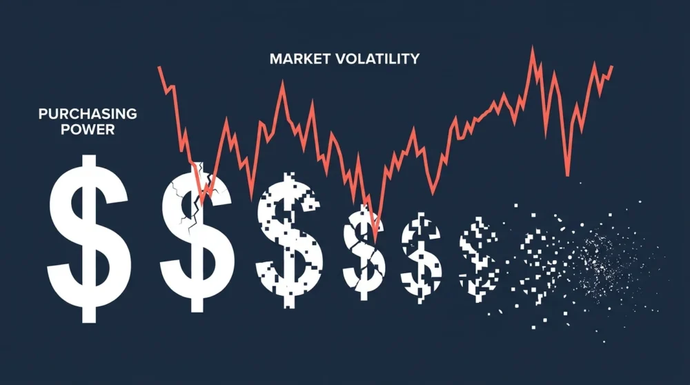 An infographic showing a dollar sign dissolving alongside a volatile market line, representing inflation risk.