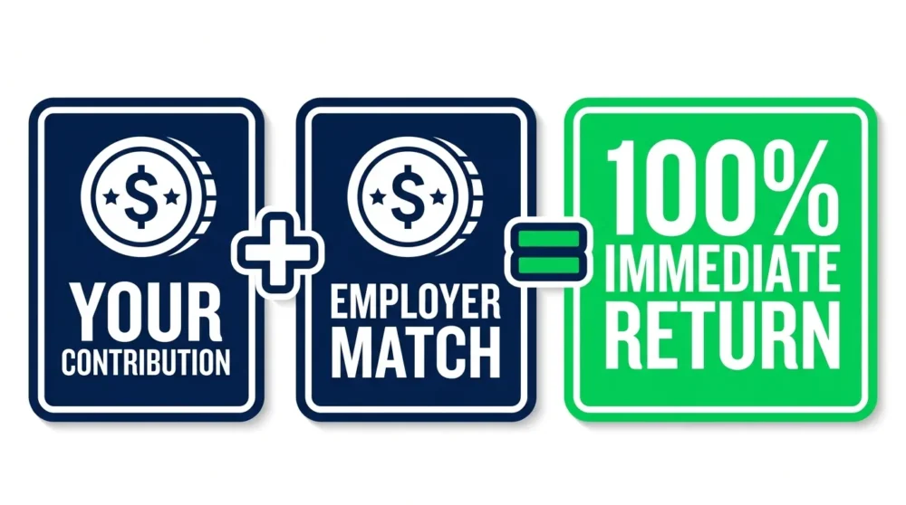 An infographic showing a personal contribution being matched by an employer for a 100% return.