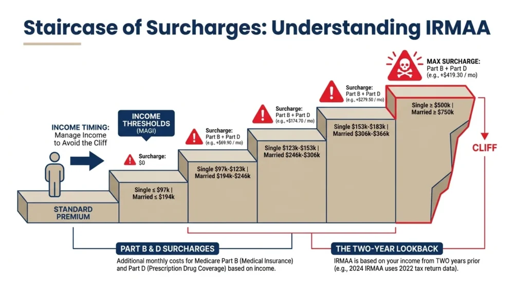 An infographic showing rising steps labeled with income thresholds and Medicare surcharge warnings.