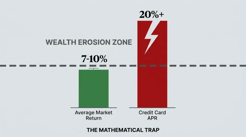 An infographic showing that 20 percent credit card interest significantly outpaces 7 to 10 percent market returns.