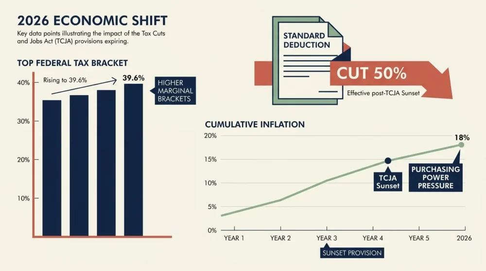 An infographic showing the 2026 tax bracket increase to 39.6% and a 50% reduction in the standard deduction.