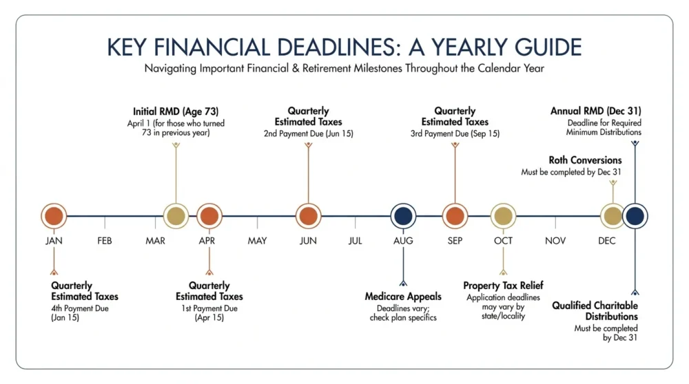 An infographic timeline showing seven key tax deadlines for retirees across a calendar year.