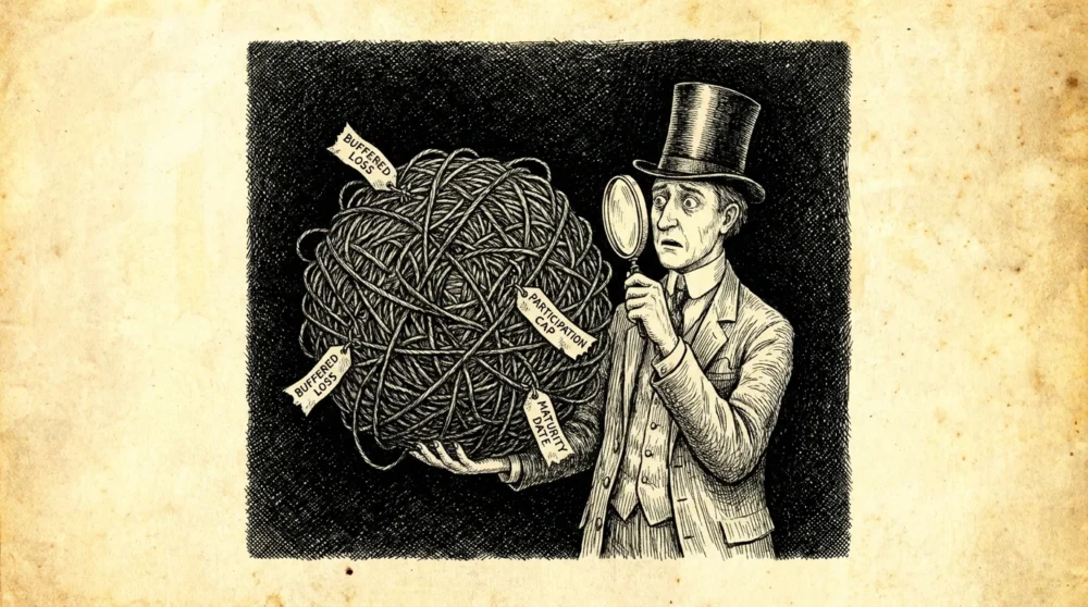 An ink drawing of a man examining a tangled ball of yarn with labels representing complex investment terms.
