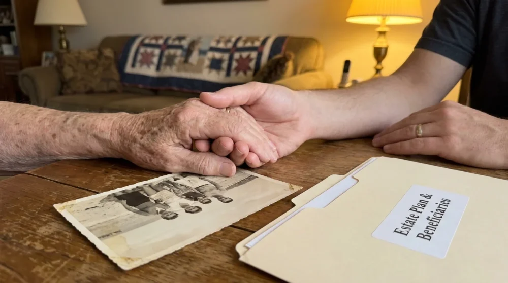An older person's hands and a younger person's hands holding a family photo next to an estate planning folder.