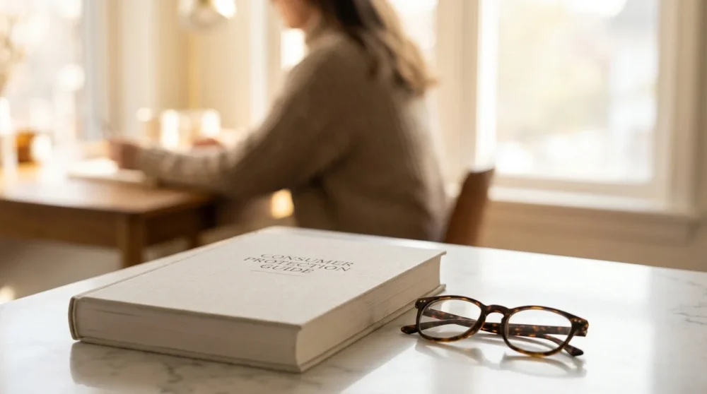 Close-up of a consumer protection guidebook and glasses on a white desk, with a person in the soft-focus background.
