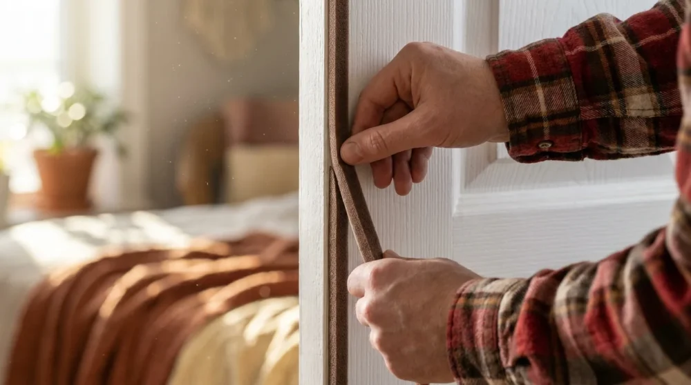 Close-up of hands applying weatherstripping to a door frame to improve energy efficiency.