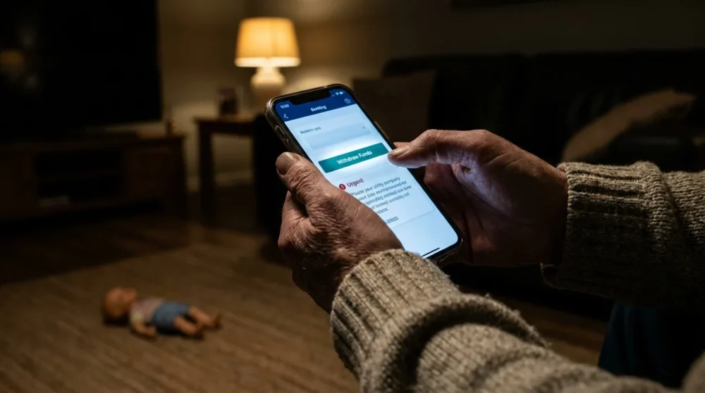Close-up of hands holding a phone with a banking app next to an urgent bill, suggesting a difficult financial choice.