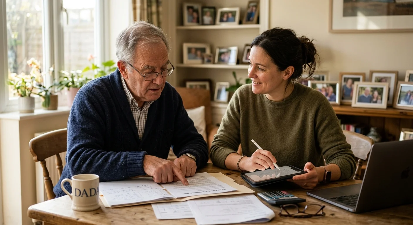 A senior man and a woman review paperwork and a digital tablet together at a dining table with a laptop and calculator.