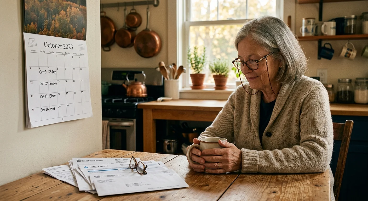A senior woman holding a mug sits at a kitchen table with bills, next to a hanging calendar.