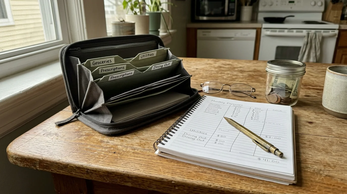 Cash envelope wallet, expense tracking notebook with a pen, glasses, and a coin jar on a wooden table.