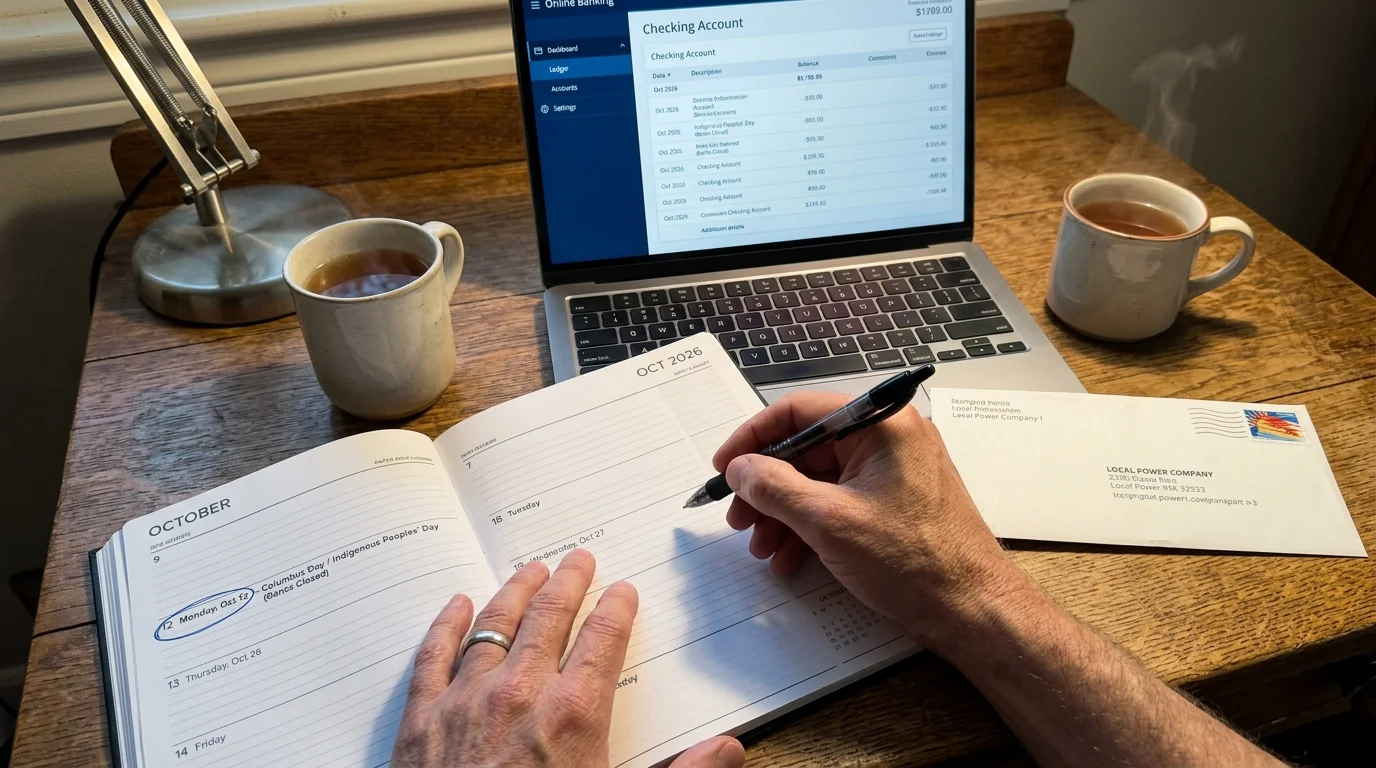 Hands writing in a planner beside an open laptop showing online banking, two mugs, and mail on a wooden desk.