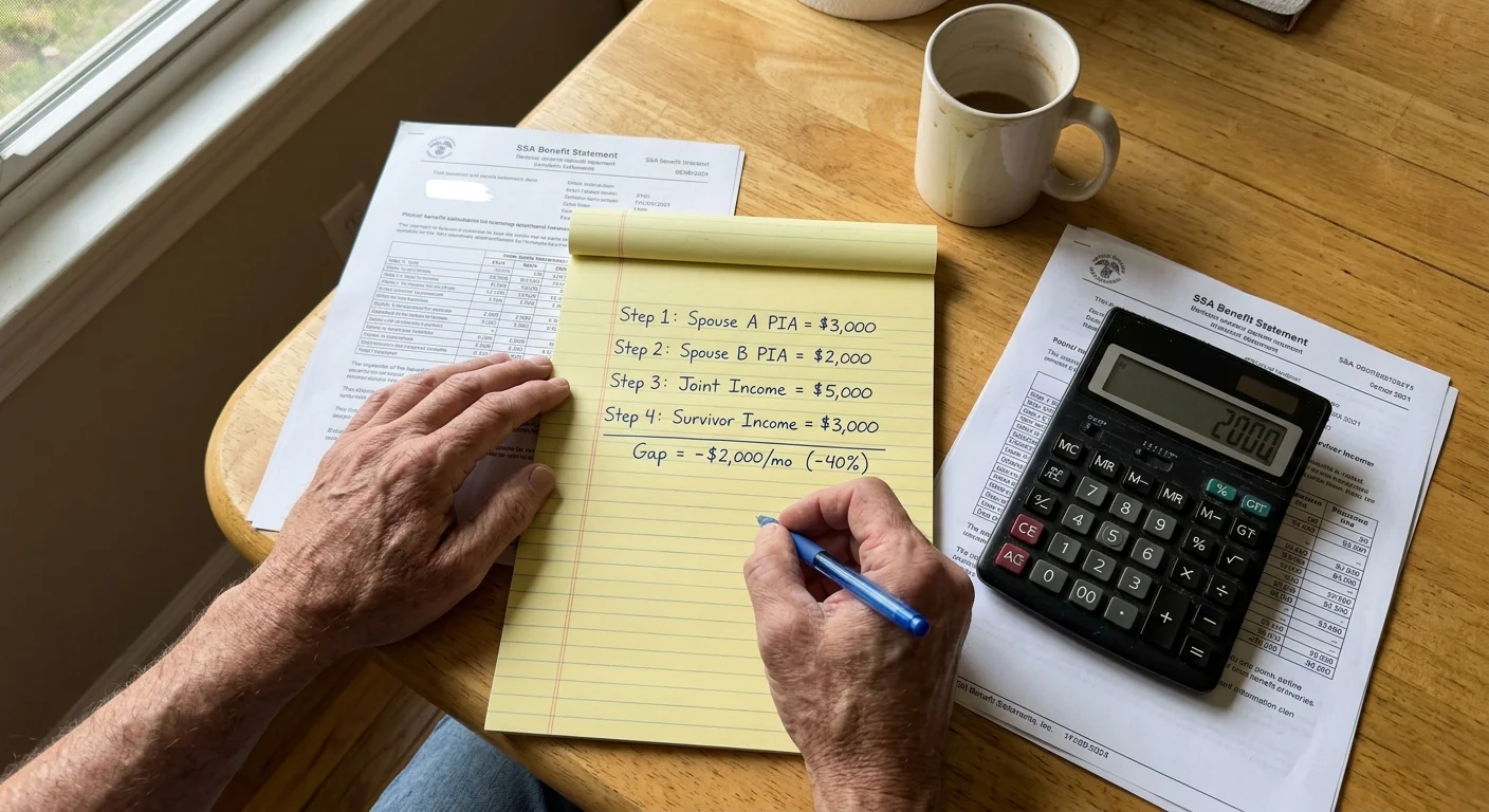Hands writing a step-by-step survivor gap calculation on a yellow legal pad beside a calculator and SSA statements.