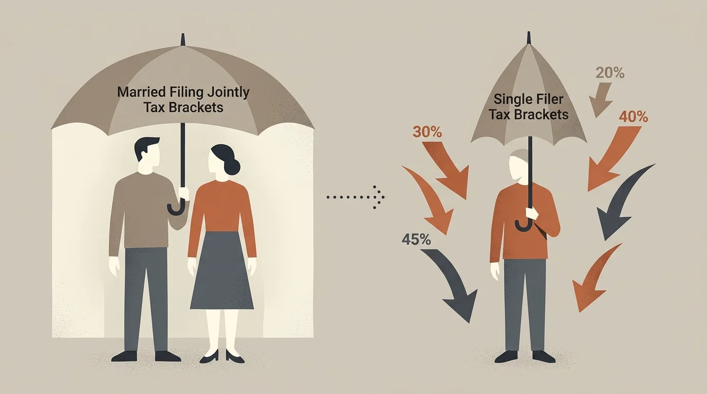 A couple under a large umbrella transitioning to a single person under a small umbrella surrounded by downward arrows.