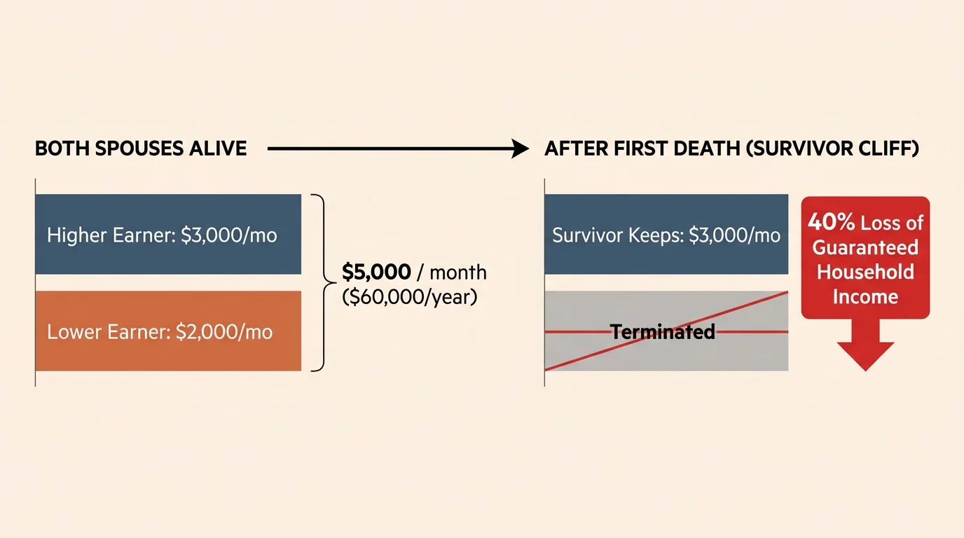 Diagram showing Social Security income dropping from $5,000 to $3,000 per month after one spouse dies, a 40% loss.